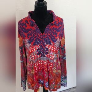 Johnny Was Red Multi-Print Long-Sleeve Collared Top